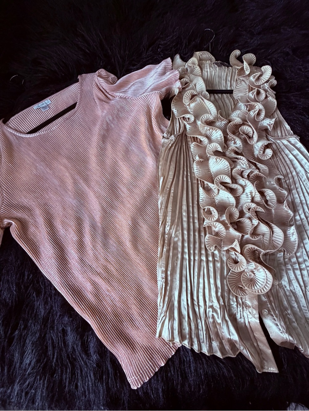 Two Shiny Blouses - Pink Ribbed Top with Cream Ruffled Pleat Blouse